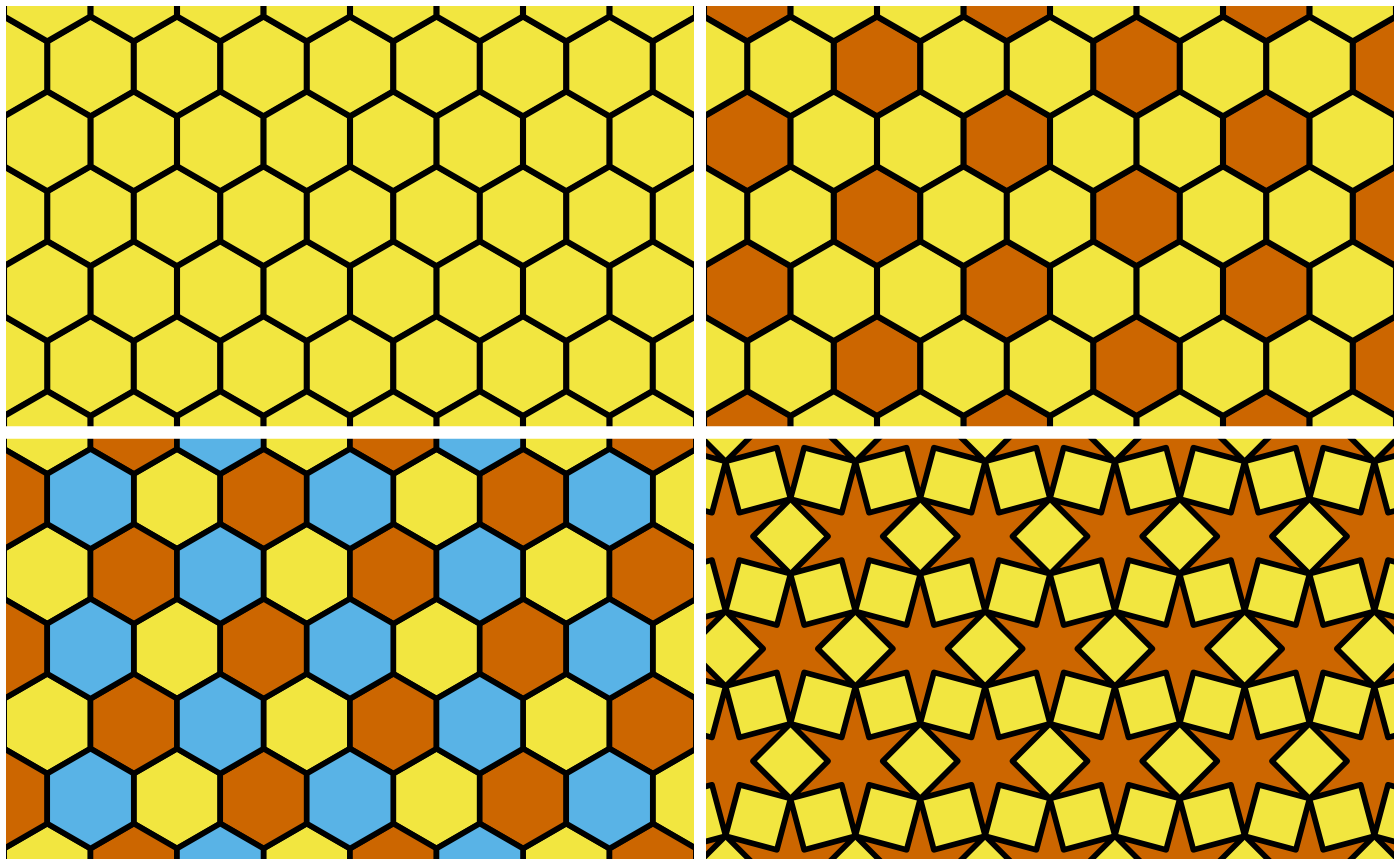 Four different uniform colorings of a hexagonal tiling