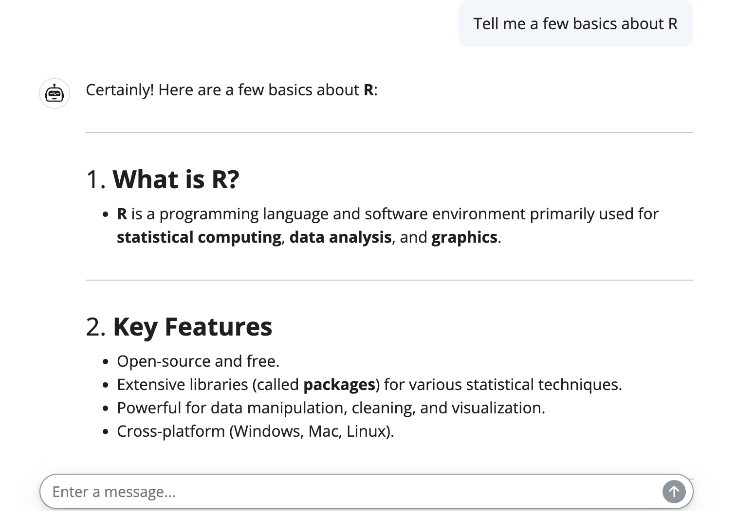 Screenshot of a conversation using shinychat.