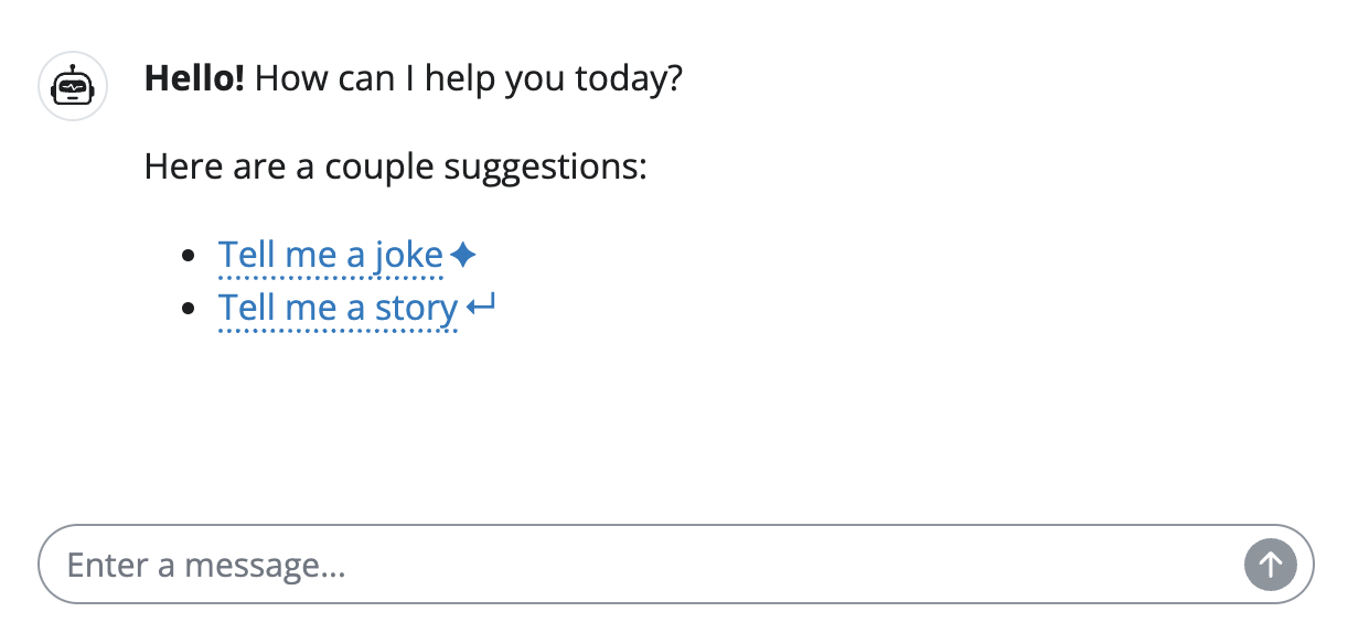 Screenshot of a chatbot with input suggestions.