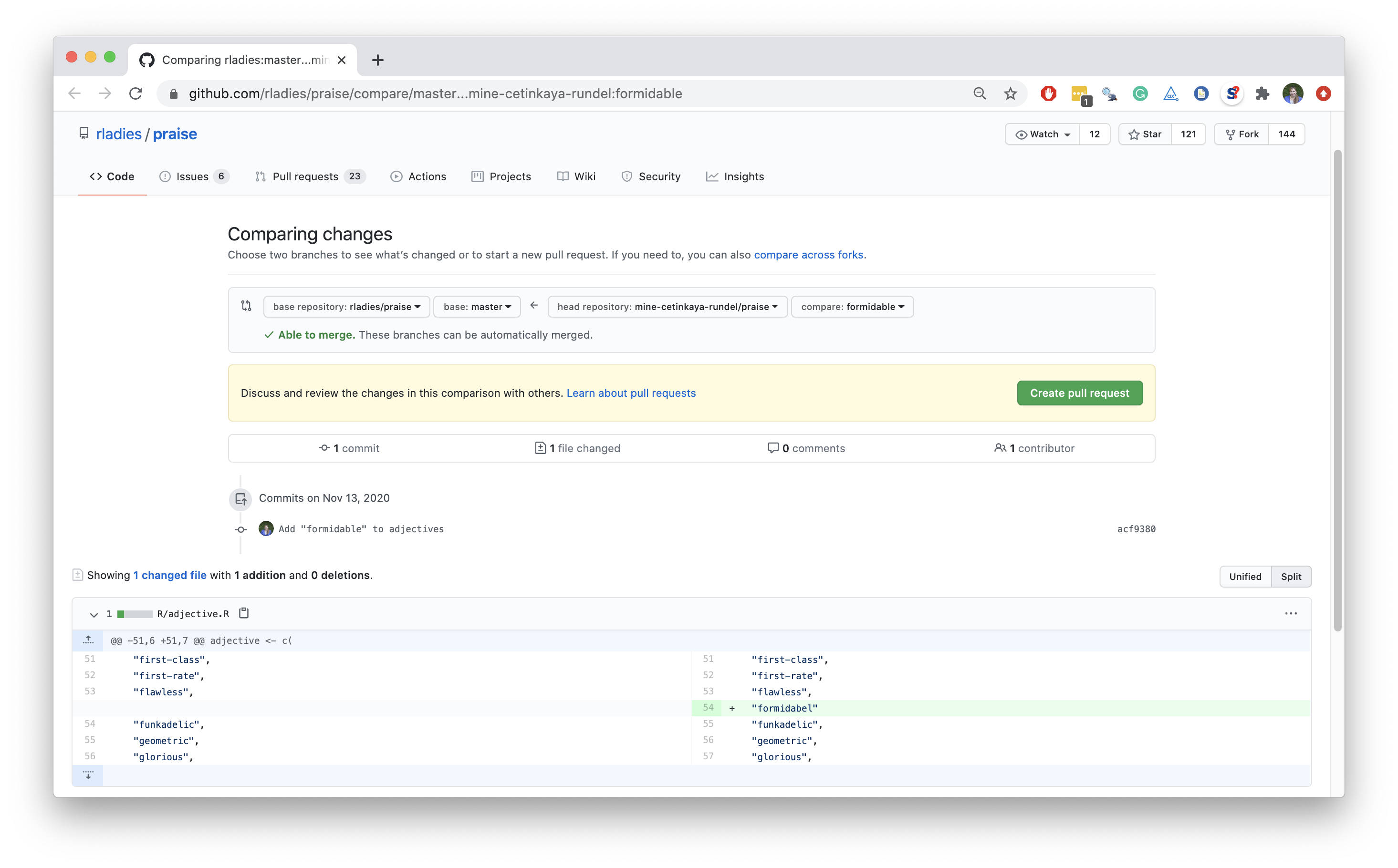 A screenshot showing the diff on GitHub, with the old version of the file on the left, and the new version containing the newly added line formidabel, with no comma, on the right. There is a green button that says Create Pull Request.
