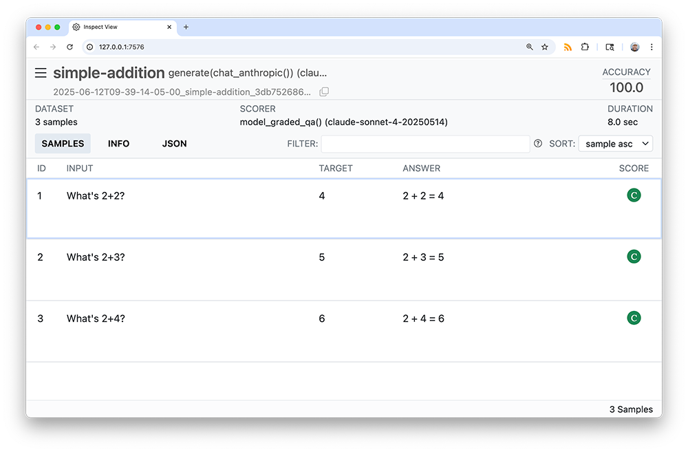 A screenshot of the Inspect log viewer, an interactive app displaying information on the 3 samples evaluated in this eval.
